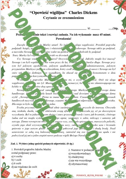 Opowieść wigilijna - czytanie ze zrozumieniem, sprawdzian, karta pracy + KLUCZ ODPOWIEDZI