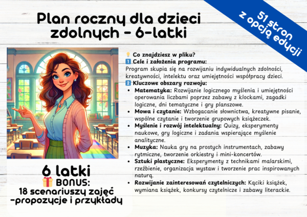 Plan roczny dla dzieci zdolnych Scenariusze, matematyka, mowa i czytanie, myślenie i rozwój intelektualny, muzyka, sztuki plastyczne, zainteresowania czytelnicze