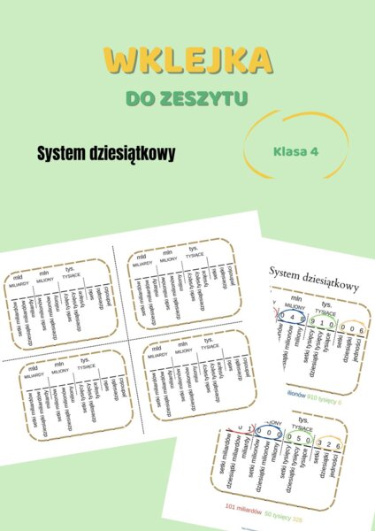 System dziesiątkowy, maszynka do zapisywania i czytania dużych liczb, wklejka do zeszytu, klasa 4