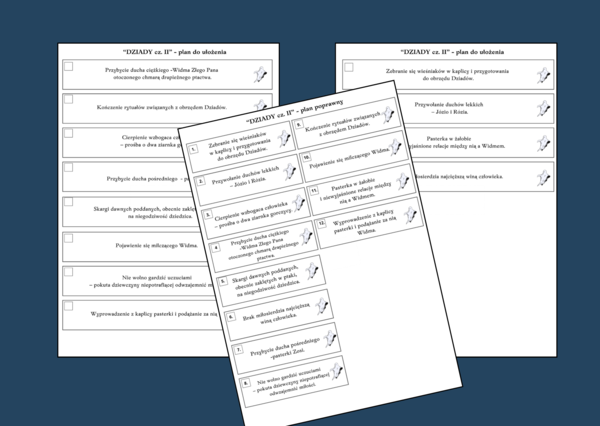 "DZIADY cz. II" – plan wydarzeń – fiszki – 3 wersje – egzamin – lektury 7-8