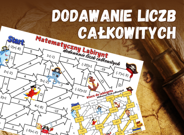 MATEMATYCZNY LABIRYNT - dodawanie liczb całkowitych, liczby całkowite, klasa 5, 6, piracka karta pracy