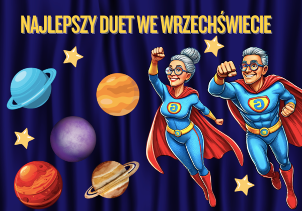 Gazetka na Dzień Babci I Dziadka' Najlepszy duet we Wrzechświecie"| Główna grafika to plakat 4 x A4| W zestawie puzzle- niespodzianka!