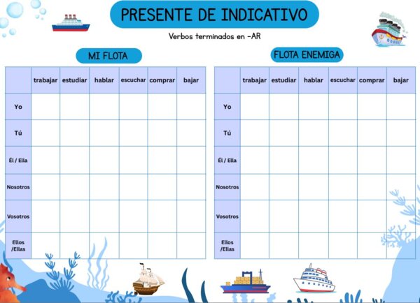 Gra w statki - plansze do gry z hiszpańskimi czasownikami (czas teraźniejszy)