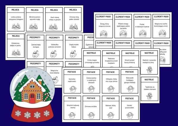 ❄️🎄Karty inspiracji - Zestaw kreatywnych kart do pisania zimowych opowiadań dla dzieci i młodzieży🌟 - zima - opowiadanie - ćwiczenia redakcyjne - 120 szt.