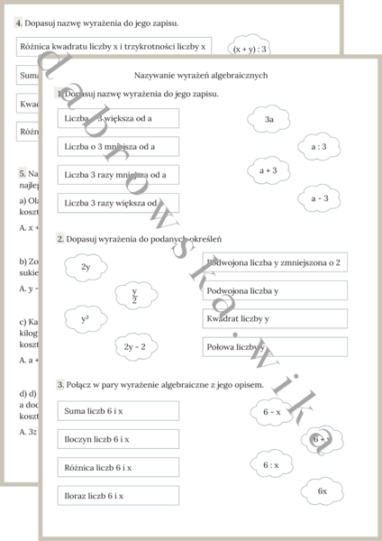 Zapisywanie wyrażeń algebraicznych - karta pracy