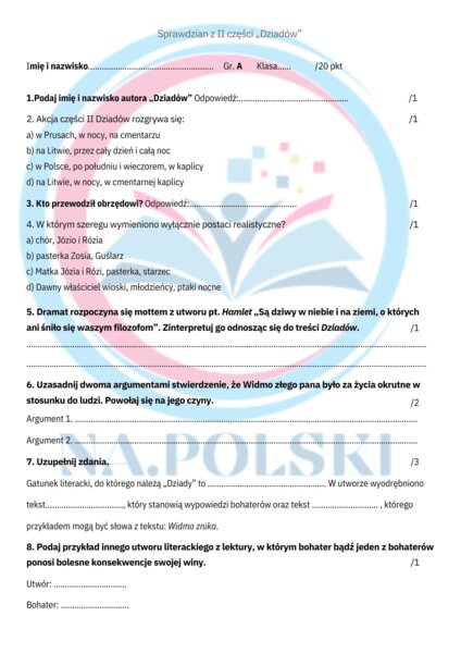 "Dziady cz. II" - sprawdzian podsumowujący