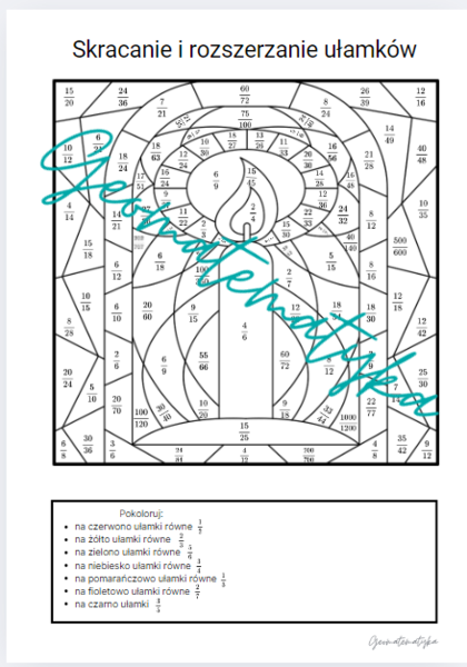 Skracanie i rozszerzanie ułamków – kolorowanka matematyczna - ADWENT, BOŻE NARODZENIE I NIE TYLKO