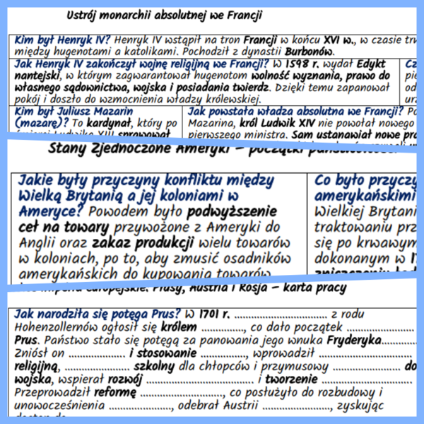 Europa i Ameryka Północna w XVII–XVIII w. Komplet notatek i kart pracy