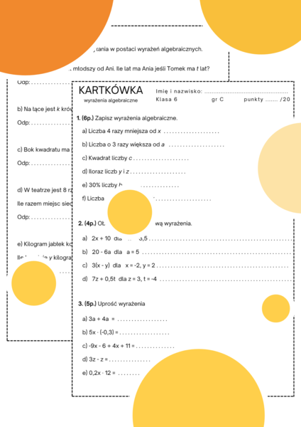 Kartkówka - wyrażenia algebraiczne. Klasa 6