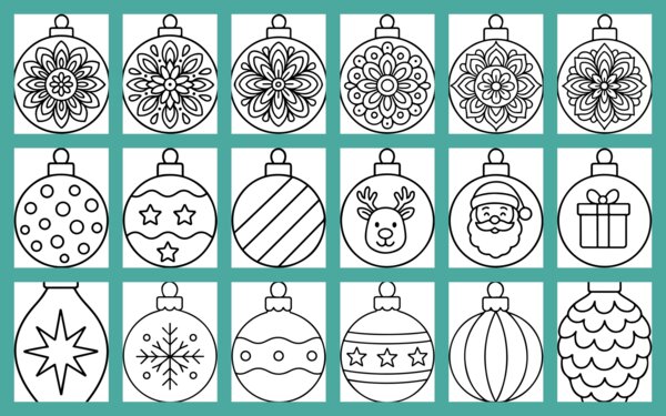 Świąteczne Kolorowanki – 18 Bombek do Druku (PDF + JPG, A4)