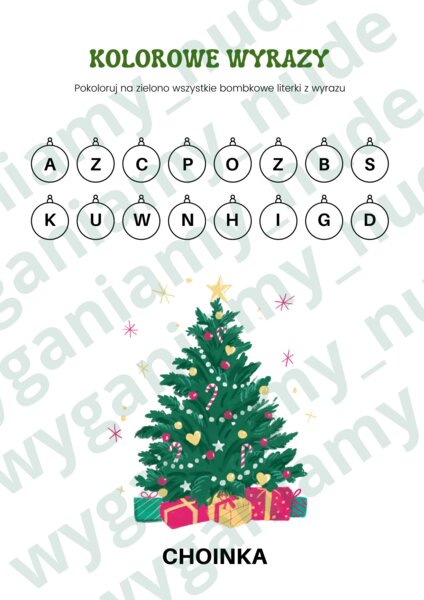 Kolorowe wyrazy - z jakich liter składa się wyraz. Pokoloruj bombki