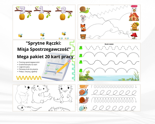 Grafomotoryka: Misja Spostrzegawczość Mega pakiet 20 kart pracy