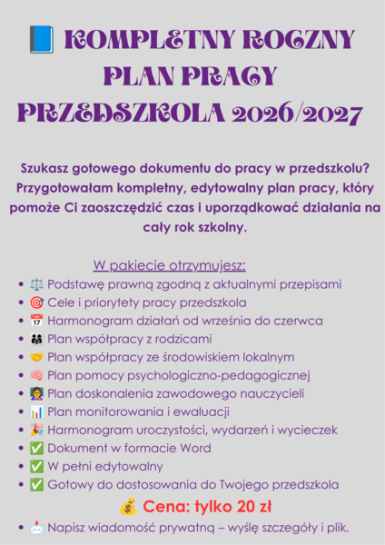 📘 Roczny Plan Pracy Przedszkola 2026/2027 + komplet dodatków | Dokument gotowy do edycji