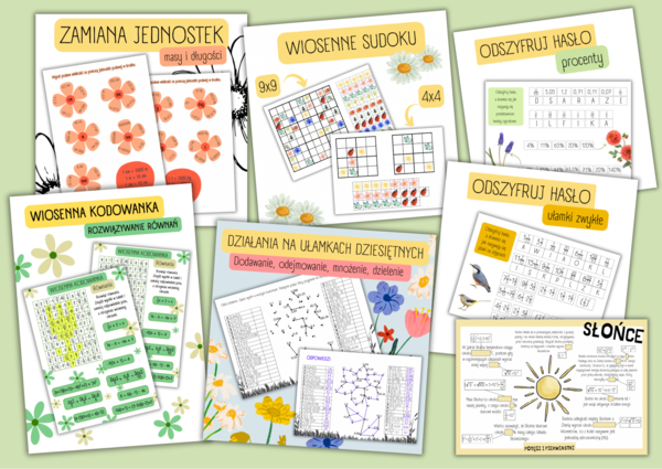 PAKIET materiałów - WIOSNA (ułamki dziesiętne/ ułamki zwykle/ jednostki masy i długości/ procenty/ sudoku/ równania/ potęgi/ pierwiastki / dzień ziemi)