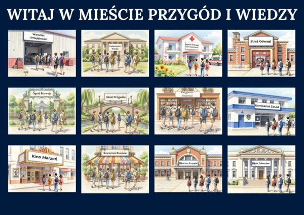 Gazetka szkolna „Witaj w Mieście Przygód i Wiedzy” – dekoracja na rozpoczęcie roku szkolnego