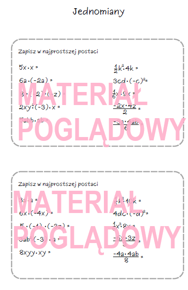 Szybkie karteczki – wyrażenia algebraiczne, sumy algebraiczne, jednomiany, redukcja wyrazów podobnych (karta pracy, kartkówka kl. 6, 7, 8)