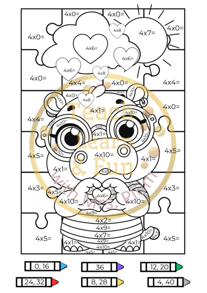 Kolorowa matematyka – mnożenie ×4 z uroczym hipopotamem!
