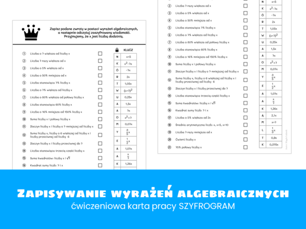 Matematyka. Klasa 8. Zapisywanie wyrażeń algebraicznych. Szyfrogram. Szkoła podstawowa.