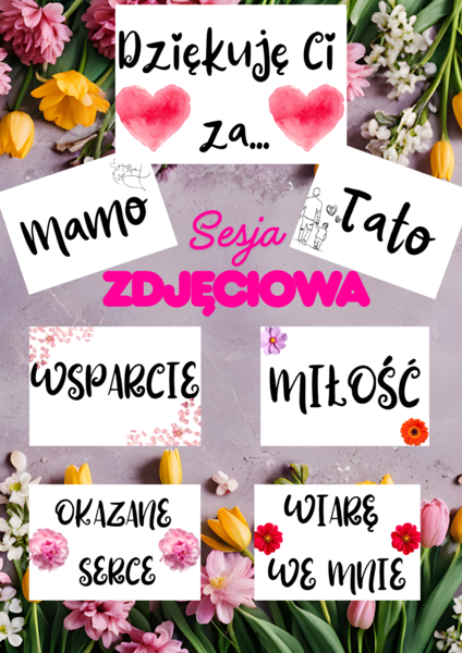 Dzień Matki, Dzień Ojca - gazetka, karty, sesja zdjęciowa, napis, girlanda