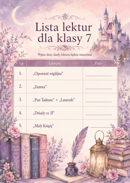 Lista lektur do klasy 7 (różne wersje) kolorowe