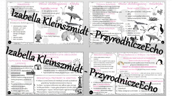 Zestaw sketchnotek – notatek do całego działu „Obszary okołobiegunowe” wykonanych w power point do edycji. Geografia 8