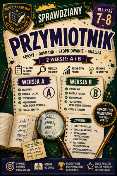 Przymiotnik – sprawdziany kl. 7–8 | wersja A i B + odpowiedzi modelowe