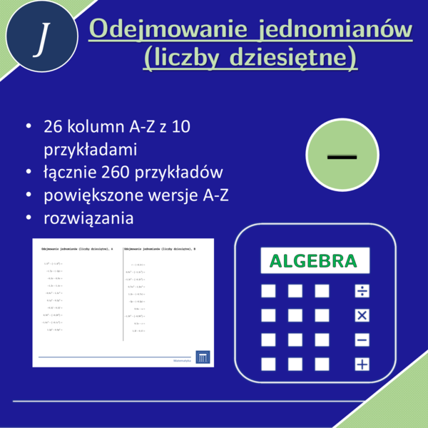 Odejmowanie jednomianów (liczby dziesiętne) | matematyka, algebra | 26 kolumn