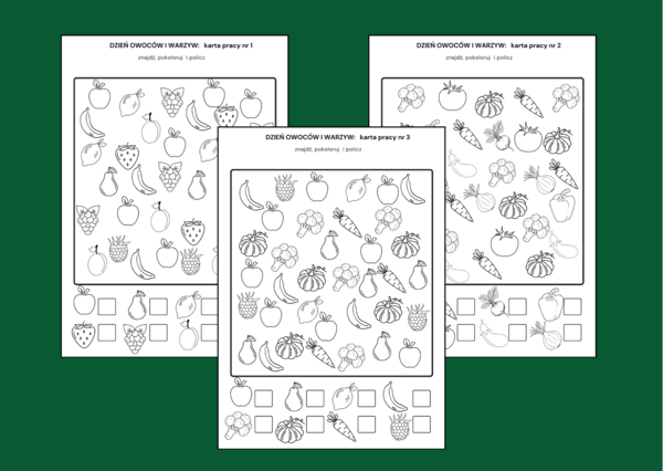 DZIEŃ OWOCÓW I WARZYW - znajdź, pokoloruj i policz – 3 wersje - biblioteka – świetlica - przedszkole