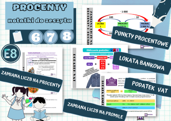 Procenty-notatki do zeszytu. Zamiana liczby na procenty i promile, punkty procentowe, lokaty bankowe, podatek VAT.