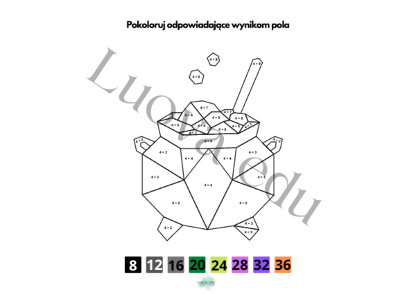 Halloween Kolorowanka Matematyczna TABLICZKA MNOŻENIA: Kolorowanie według wyników mnożenia przez 4 dla dzieci 7-11 lat