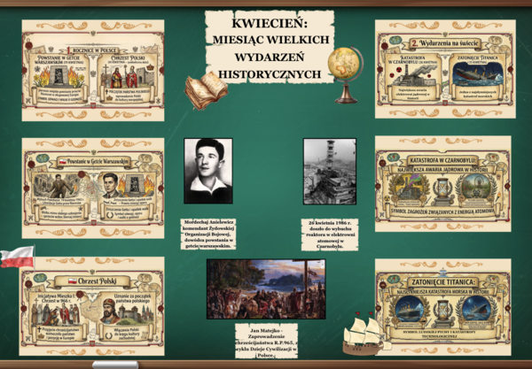 Gazetka historyczna : kwiecień- miesiąc ważnych wydarzeń  historycznych| Kolorowa i edukacyjna ozdoba klasy lub korytarza| Elementy łatwe do wycięcia: 20 stron do druku
