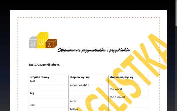 Stopniowanie przymiotników i przysłówków+ ćwiczenia+ lista nieregularnych+ klucz EGZAMIN ÓSMOKLASISTY SZYBKA POWTÓRKA