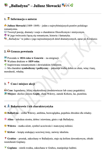 "Balladyna" - notatka dla ucznia