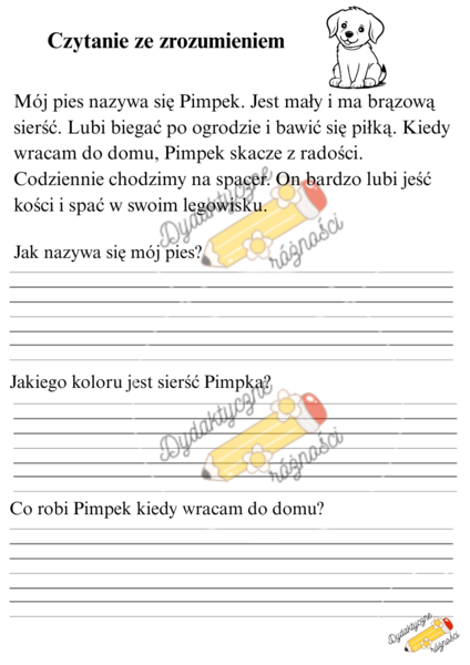 Czytanie ze zrozumieniem klasa 1 ( Szkoła, Owoc, Strażak, Wiosna, Wieś, Zoo, Pimpek, Koty). Proste teksty + pytania.