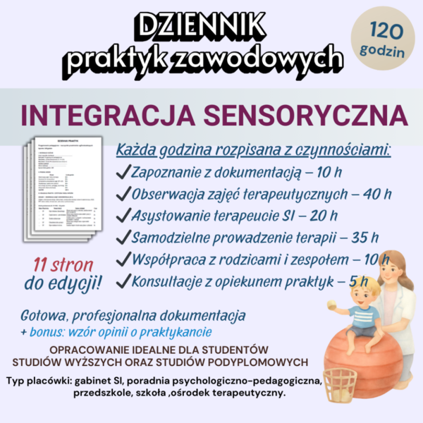 DZIENNIK PRAKTYK – INTEGRACJA SENSORYCZNA (SI) 120 GODZIN – KOMPLETNA DOKUMENTACJA