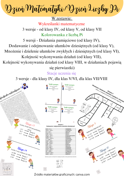 Wykreślanki matematyczne, Kolorowanki z liczbą Pi, Stacje uczenia się - pakiet materiałów na Dzień Matematyki/Dzień Liczby Pi