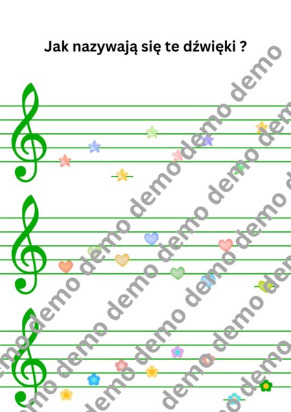 Nazwy nut w kluczu wiolinowym, gama C-dur. Muzyka. Karta pracy.