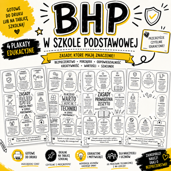 BHP W SZKOLE PODSTAWOWEJ – 4 PLAKATY EDUKACYJNE | ZASADY BEZPIECZEŃSTWA, PORZĄDEK I ODPOWIEDZIALNOŚĆ