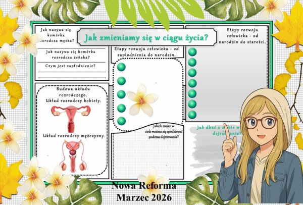 Karta pracy z przyrody do klasy 4 "Jak zmieniamy się w ciągu życia?". Przygotowana na podstawie podręcznika „Odkrywam przyrodę” wydawnictwa Nowa Era. Dział "Jak działa moje ciało?".