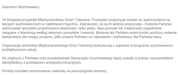 Dzień Tolerancji - scenariusz i proponowane materiały
