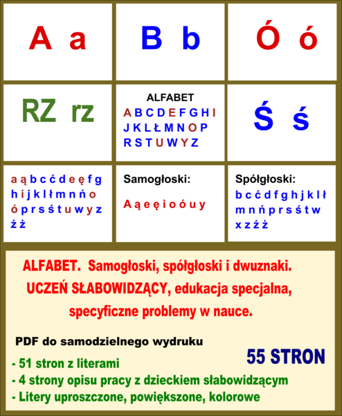 ALFABET. Samogłoski, spółgłoski i dwuznaki. UCZEŃ SŁABOWIDZĄCY, edukacja specjalna, specyficzne problemy w nauce. PDF do samodzielnego wydruku.