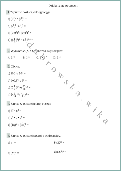 Działania na potęgach - karta pracy