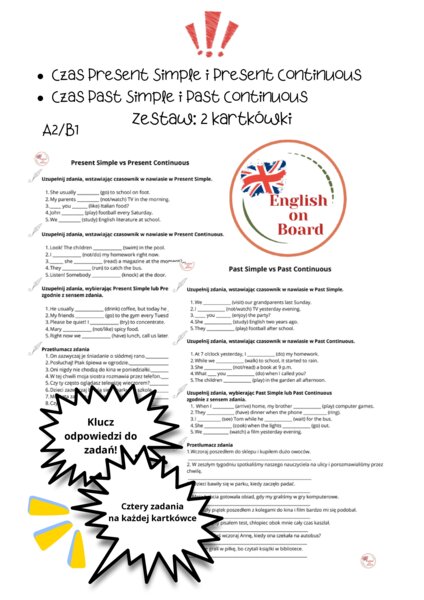 Kartkówki - Present Simple vs Present Continuous oraz Past Simple vs Past Continuous. + KLUCZ (A2/B1)