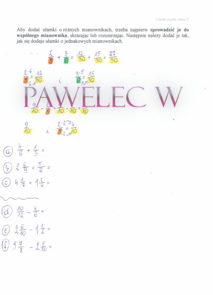 Dodawanie ułamków zwykłych o różnych mianownikach - plakat z wyjaśnieniem i przykładami