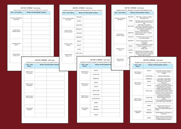 MOTYWY LITERACKIE – lektury – egzamin – lektury z kl. 4-8 - powtórka – KARTA PRACY – karty + ODPOWIEDZI - wersja 2
