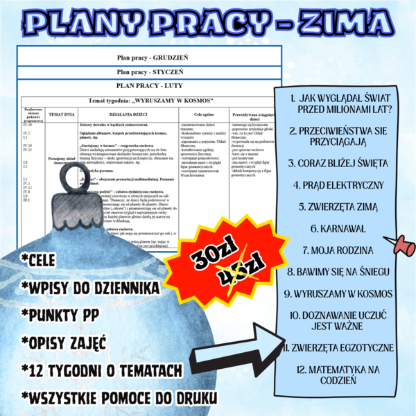 PLANY PRACY - ZIMA (plany do edycji z wpisami do dziennika, celami, punktami PP, materiałami do druku)