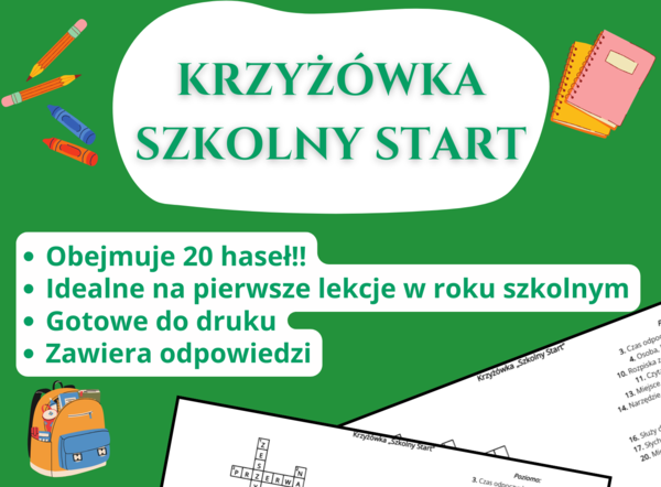 Krzyżówka „Szkolny Start” ✏️📚 – początek roku szkolnego, godzina wychowawcza, świetlica, klasy 1–3, klasy 4–6, klasy 7–8
