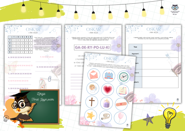 Oskar i pani Róża. Karty pracy. Stacje zadaniowe. Odszyfruj. Bohaterowie. Ikony. Symbolika. Rozprawka