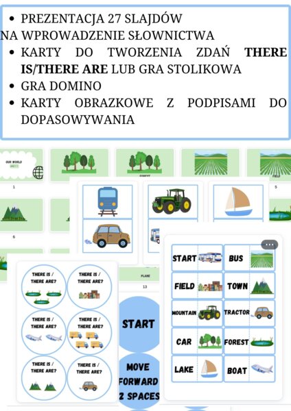 Gotowa lekcja do podręcznika New English Adventure 2 UNIT 7 - OUR WORLD, prezentacja, flashcards, gra doino, gra stolikowa, karty do ćwiczenia THERE IS / THERE ARE
