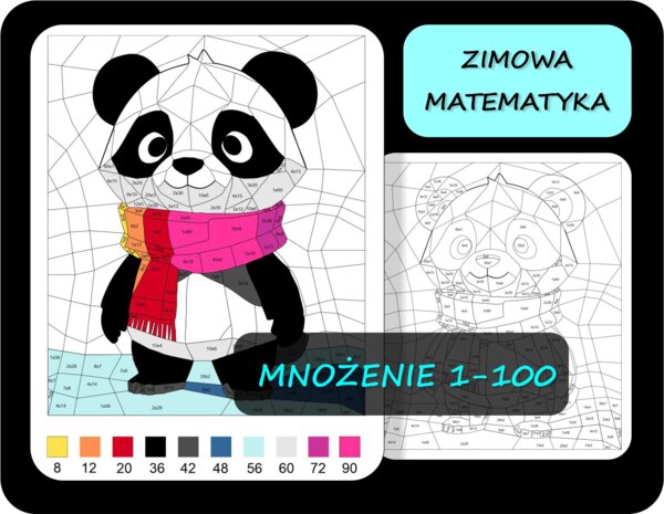 Kolorowanka matematyczna tabliczka mnożenia, pokoloruj według wyników mnożenia, zimowa matematyka